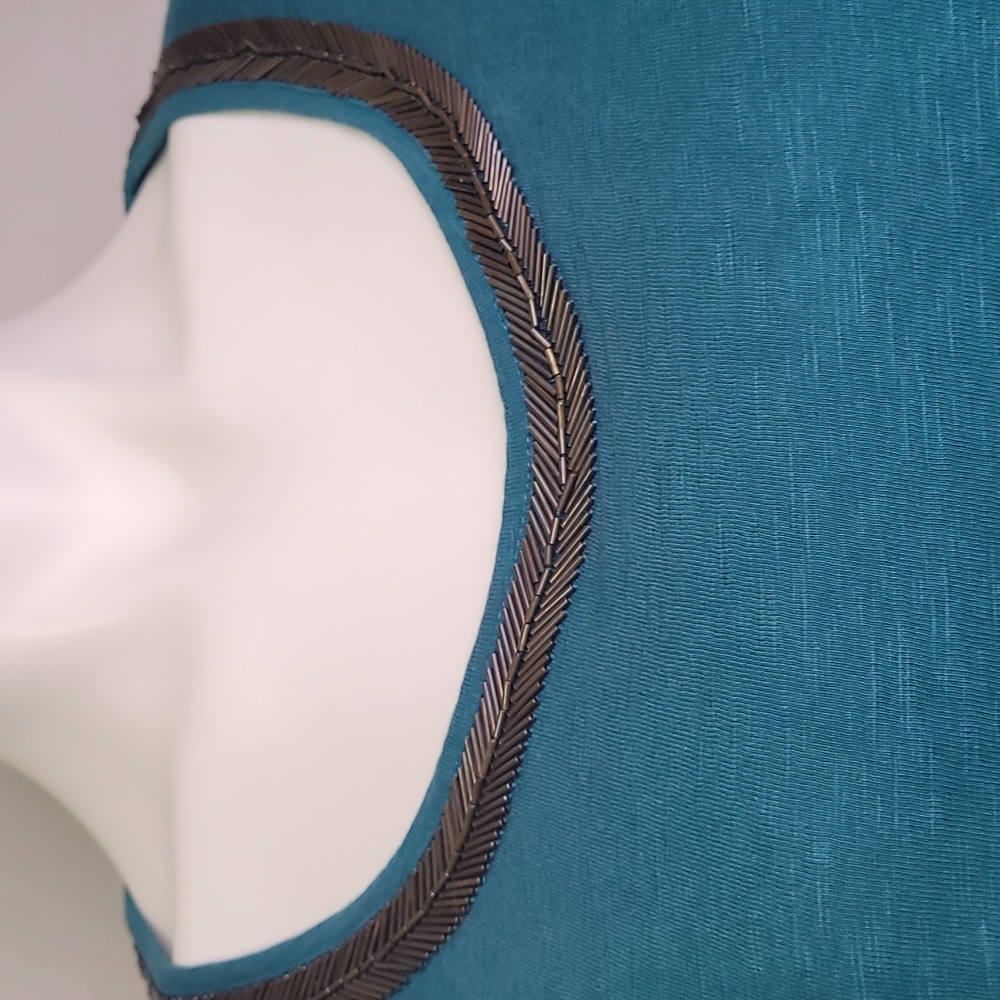 COLD WATER CREEK TEAL BLOUSE 3/4 SLEEVE SEQUIN DETAIL NECK SIZE L - Picture 5 of 12